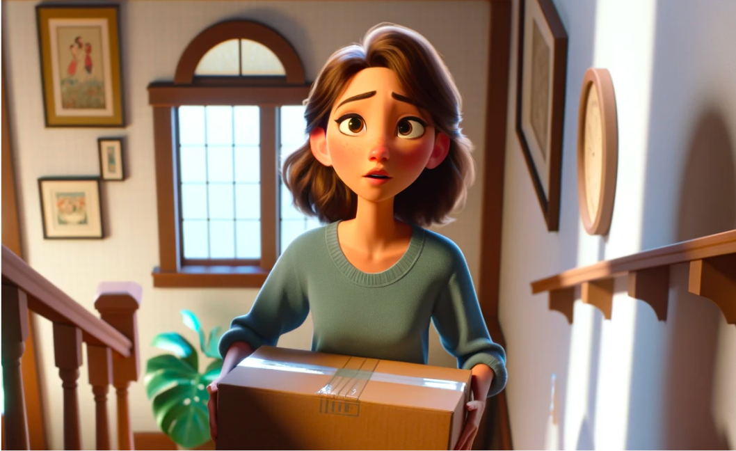 woman walking up the stairs with a box in her hands