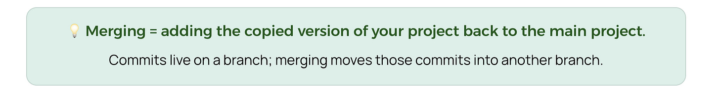 A callout box explaining the meaning of merging. Merging = adding the copied version of your project back to the main project. Created by Karo from Product with Attitude.