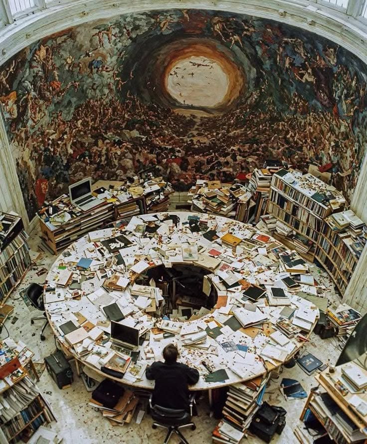 This may contain: a man sitting at a table surrounded by books in a room filled with many people
