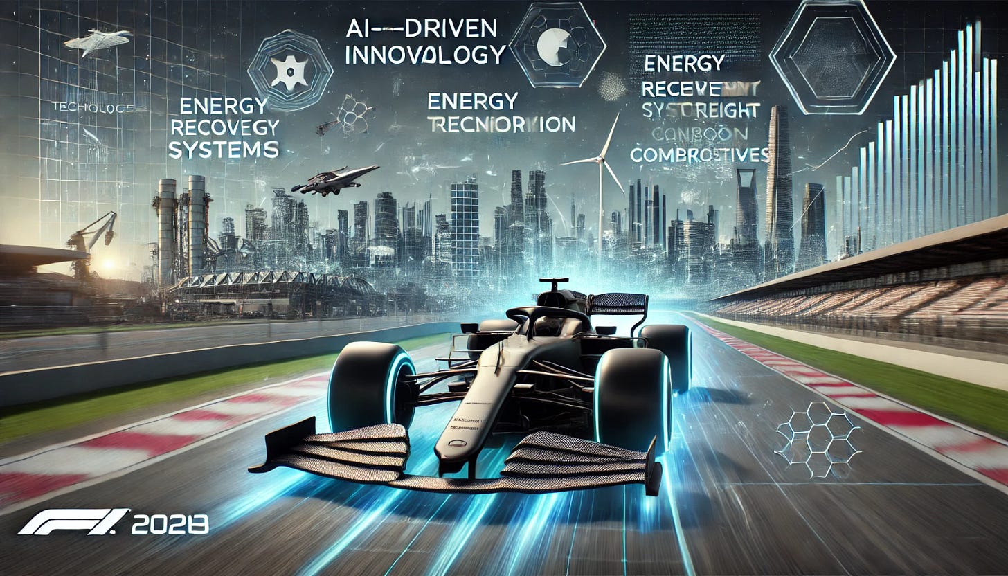 A futuristic Formula 1 car showcasing cutting-edge technology on a high-speed track, surrounded by holographic overlays highlighting key innovations: AI-driven aerodynamics, energy recovery systems, and lightweight carbon composites. In the background, a digital cityscape represents industries being transformed, such as aerospace, medical technology, and electric vehicles. The image conveys speed, innovation, and high-tech investment opportunities.