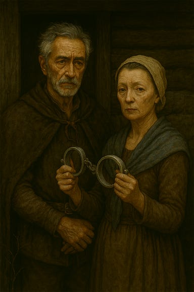 A dark fantasy image of Baron Krezkov and Anna Krezkova standing together in the candlelit interior of their cottage in Barovia. Baron Krezkov is visually similar to David Strathairn—tall and lean, with a weathered face, thoughtful eyes, and graying hair swept back. He wears a simple but dignified wool coat over a high-collared shirt, his posture upright and reserved. Beside him stands Anna Krezkova, visually reminiscent of Leslie Manville—petite and composed, with soft features, silver-streaked hair pulled into a bun, and a calm but sorrowful expression. She wears a modest dress with a shawl draped over her shoulders. The room is warm with candlelight, casting soft shadows on the stone walls and wooden beams. A small table with a bowl of soup and a folded blanket sits nearby. The atmosphere is quiet, intimate, and tinged with grief. A dark fantasy image of Baron Krezkov and Anna Krezkova standing together in the candlelit interior of their cottage in Barovia. Baron Krezkov is visually similar to David Strathairn—tall and lean, with a weathered face, thoughtful eyes, and graying hair swept back. He wears a simple but dignified wool coat over a high-collared shirt, his posture upright and reserved. Beside him stands Anna Krezkova, visually reminiscent of Leslie Manville—petite and composed, with soft features, silver-streaked hair pulled into a bun, and a calm but sorrowful expression. She wears a modest dress with a shawl draped over her shoulders. The room is warm with candlelight, casting soft shadows on the stone walls and wooden beams. A small table with a bowl of soup and a folded blanket sits nearby. The atmosphere is quiet, intimate, and tinged with grief.