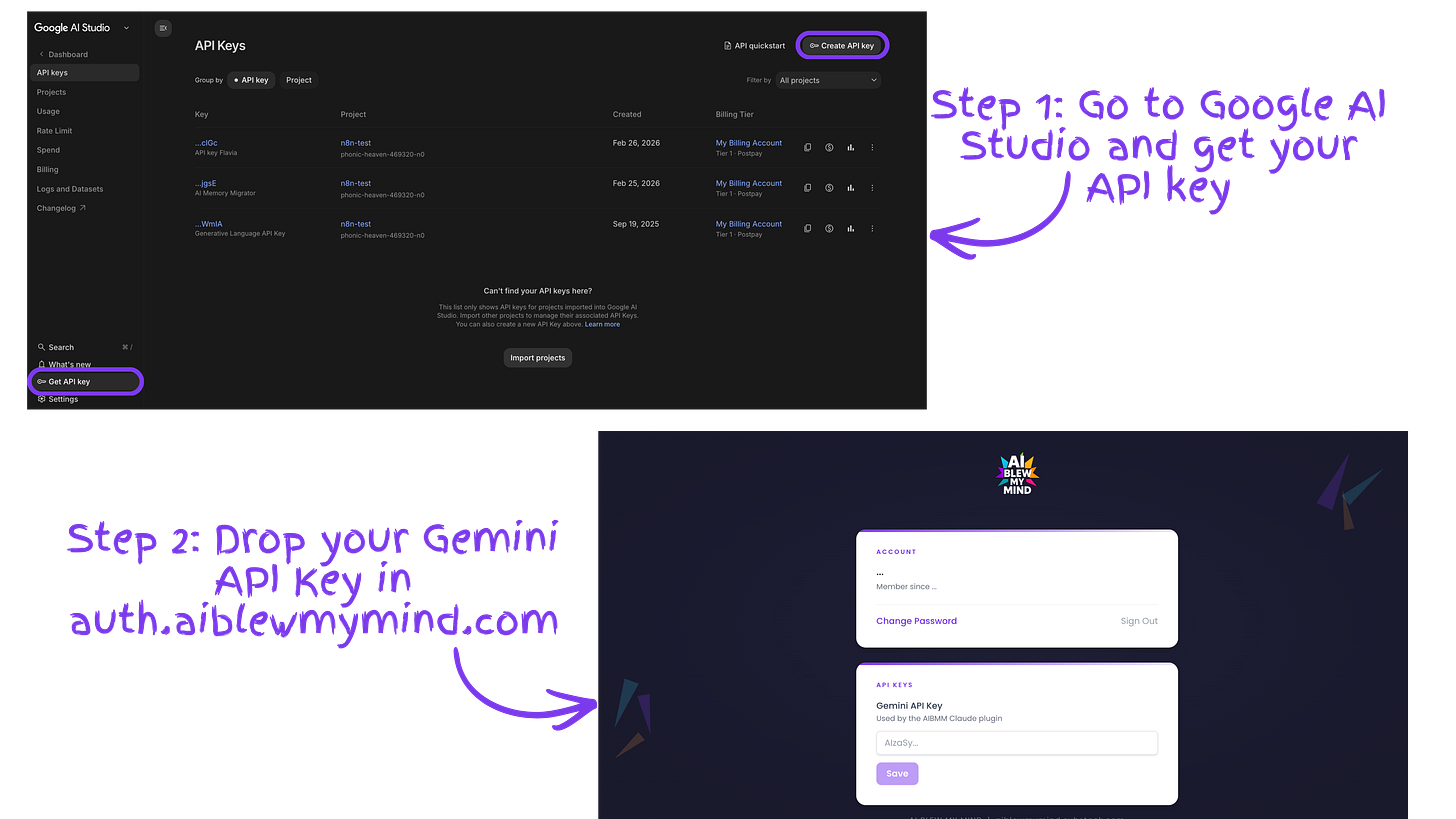 Two-step guide showing how to create a Gemini API key in Google AI Studio and then add it to your AIBMM account at auth.aiblewmymind.com.