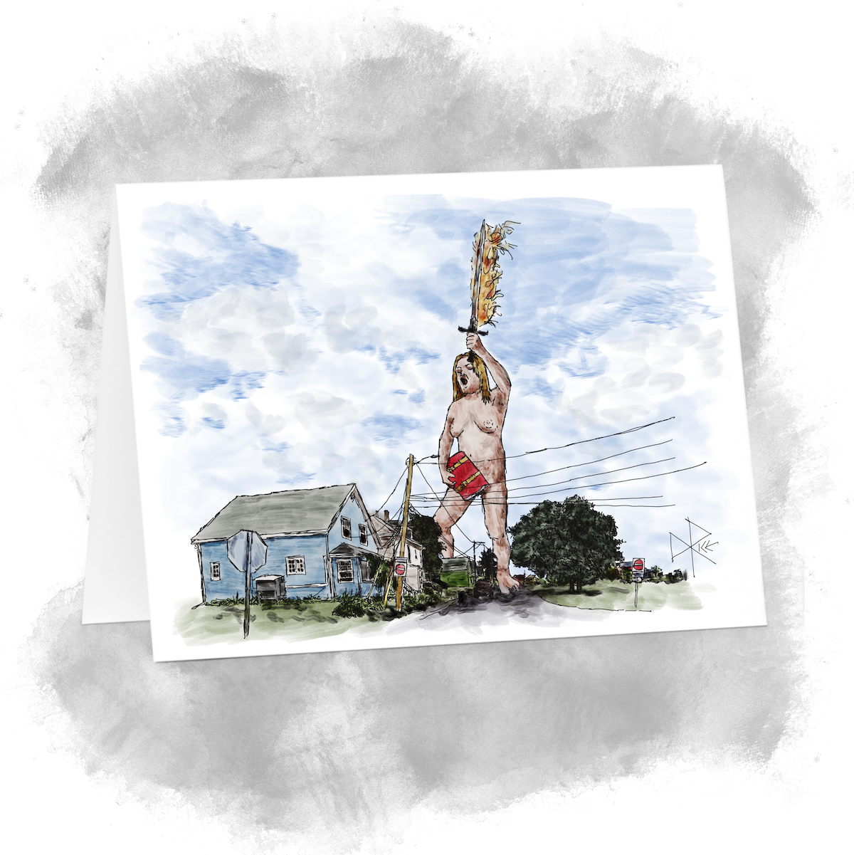 Uriel is the fictional archangel of science and wisdom, and patron of all art forms. Here she is depicted with a book and flaming sword, standing absurdly colossal over a suburban neighbourhood. Sketch art by Don Rice. Uriel is the fictional archangel of science and wisdom, and patron of all art forms. Here she is depicted with a book and flaming sword, standing absurdly colossal over a suburban neighbourhood. Sketch art by Don Rice.