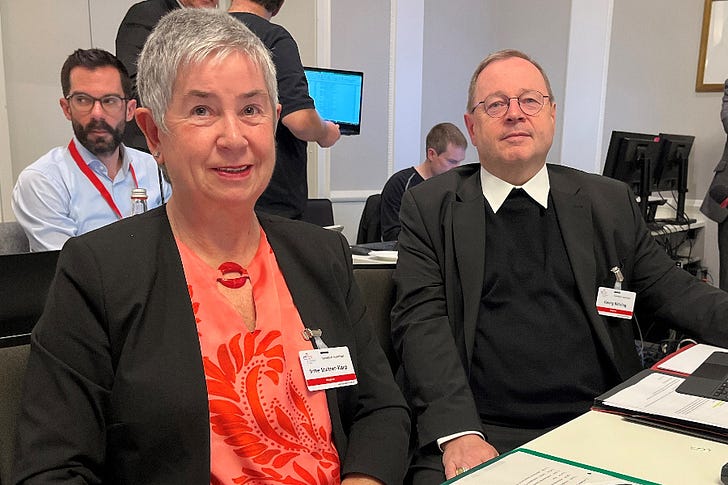 Irme Stetter-Karp and Bishop Georg Bätzing attend the synodal committee’s inaugural meeting in Erfurt on Nov. 10, 2023. © Synodaler Weg/Matthias Kopp.