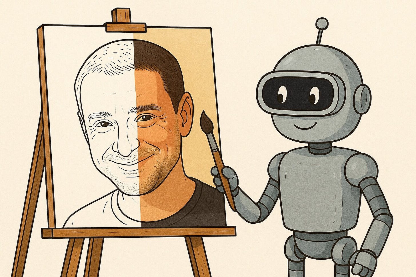 Robot artist coloring in a portrait of a man placed on an easel with a brush
