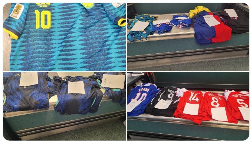 CBP Agents in Newark confiscated 183 counterfeit soccer jerseys from a U.S. citizen who flew in from Peru. They were to be sold during the World Cup Games (US Customs & Border Protection photos) CBP Agents in Newark confiscated 183 counterfeit soccer jerseys from a U.S. citizen who flew in from Peru. They were to be sold during the World Cup Games (US Customs & Border Protection photos)