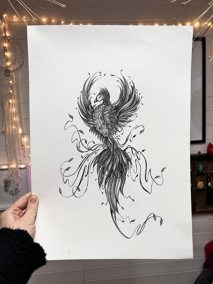 Phoenix illustration pen and ink drawing work in progress by Georgie St Clair