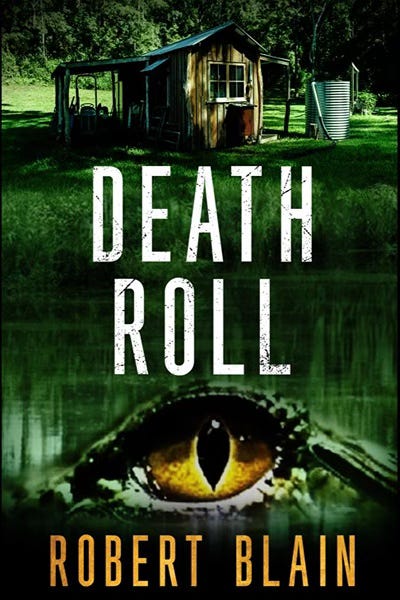 A brillianrt green forest, grass and pond with a brwon wooden shack and at the bottom the yellow eye and head of a crocodile A brillianrt green forest, grass and pond with a brwon wooden shack and at the bottom the yellow eye and head of a crocodile