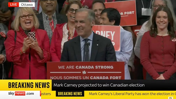 Left, Carney speech after projected win. Right, Poilievre speech after projected loss.