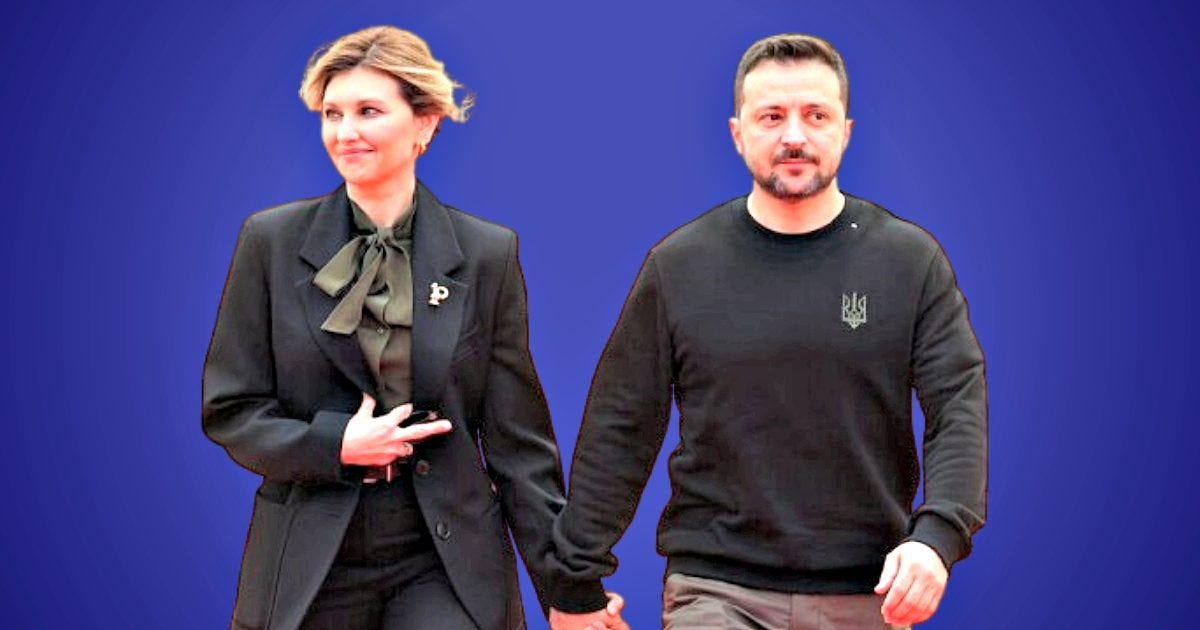 Ukrainian leaders walking hand in hand on a red carpet against a blue background, showcasing unity and leadership.