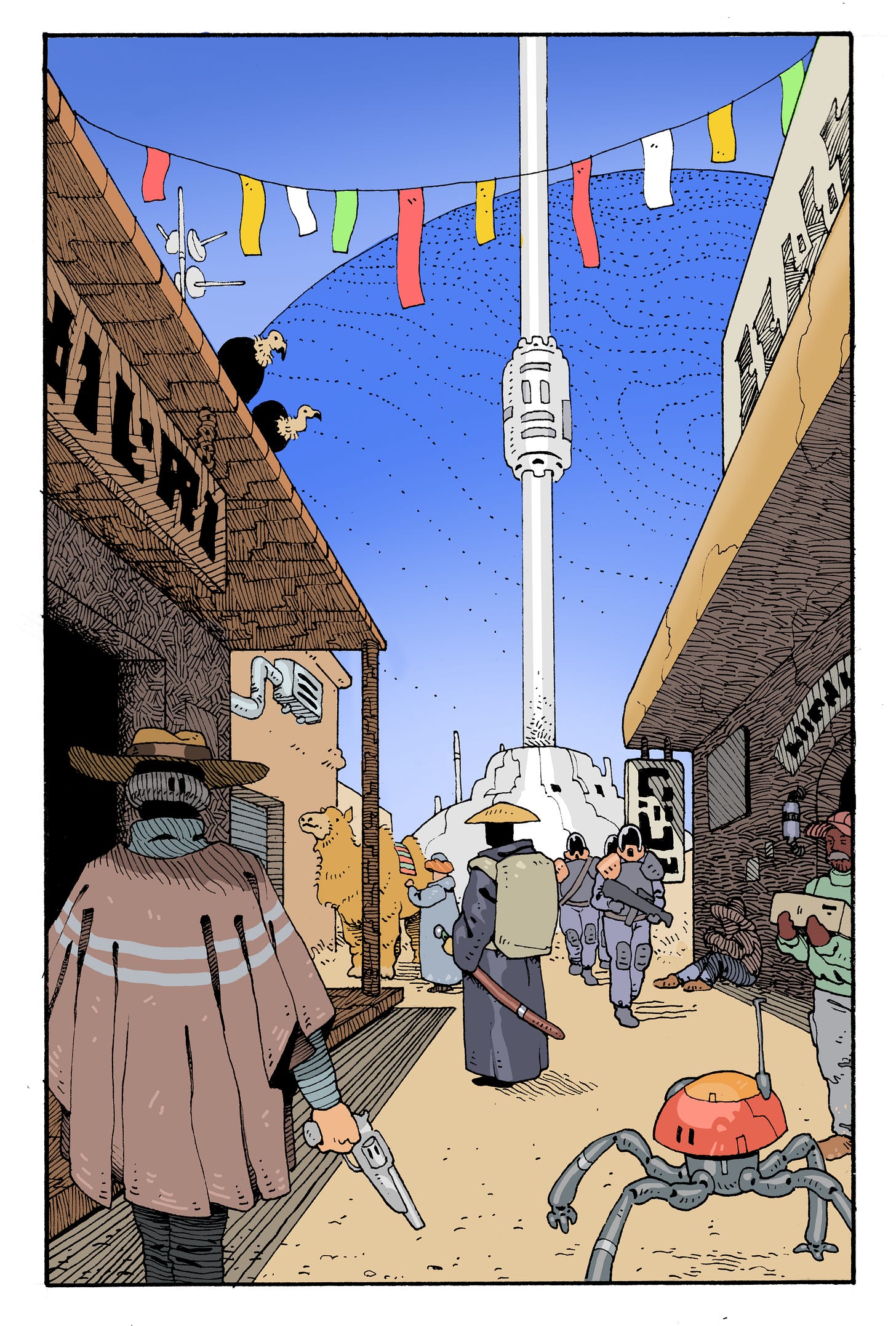 Picture of a scifi frontier town with gunslingers, robots and a space samurai