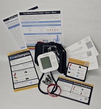 The Preeclampsia Foundation Cuff Kit includes a pregnancy-validated blood pressure cuff, batteries, and educational materials on how to take your blood pressure accurately. The Preeclampsia Foundation Cuff Kit includes a pregnancy-validated blood pressure cuff, batteries, and educational materials on how to take your blood pressure accurately.