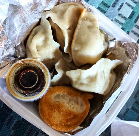 Photos of a variety of dumplings, steamed and potsticker style, with some cross sections to show the stuffing