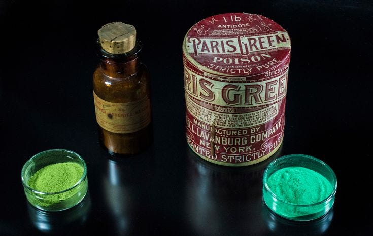 Scheele's Green (copper arsenite, left) and Paris Green (copper acetoarsenite, right), photo by R. Tanaka