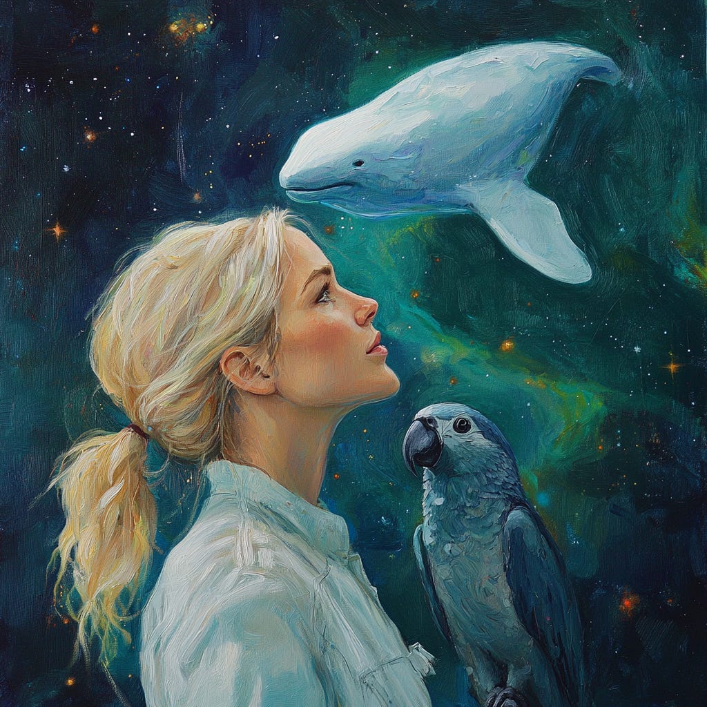 oil painting image of a female xenolinguist holding her AI African Gray Parrot and speaking to a Cetacean type alien in the cosmos