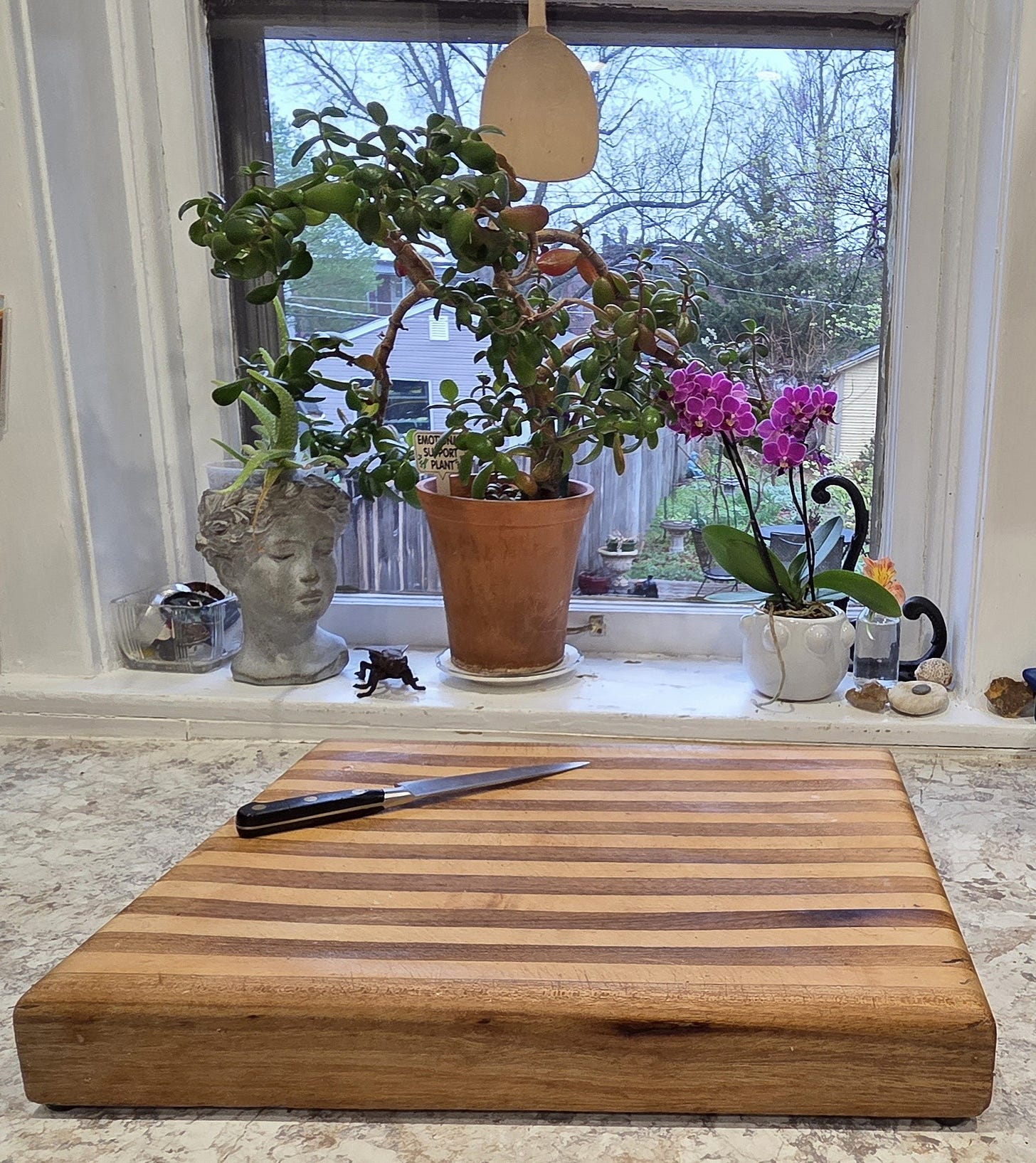 cutting board with knife on kitchen counter in front of window and flowerpot