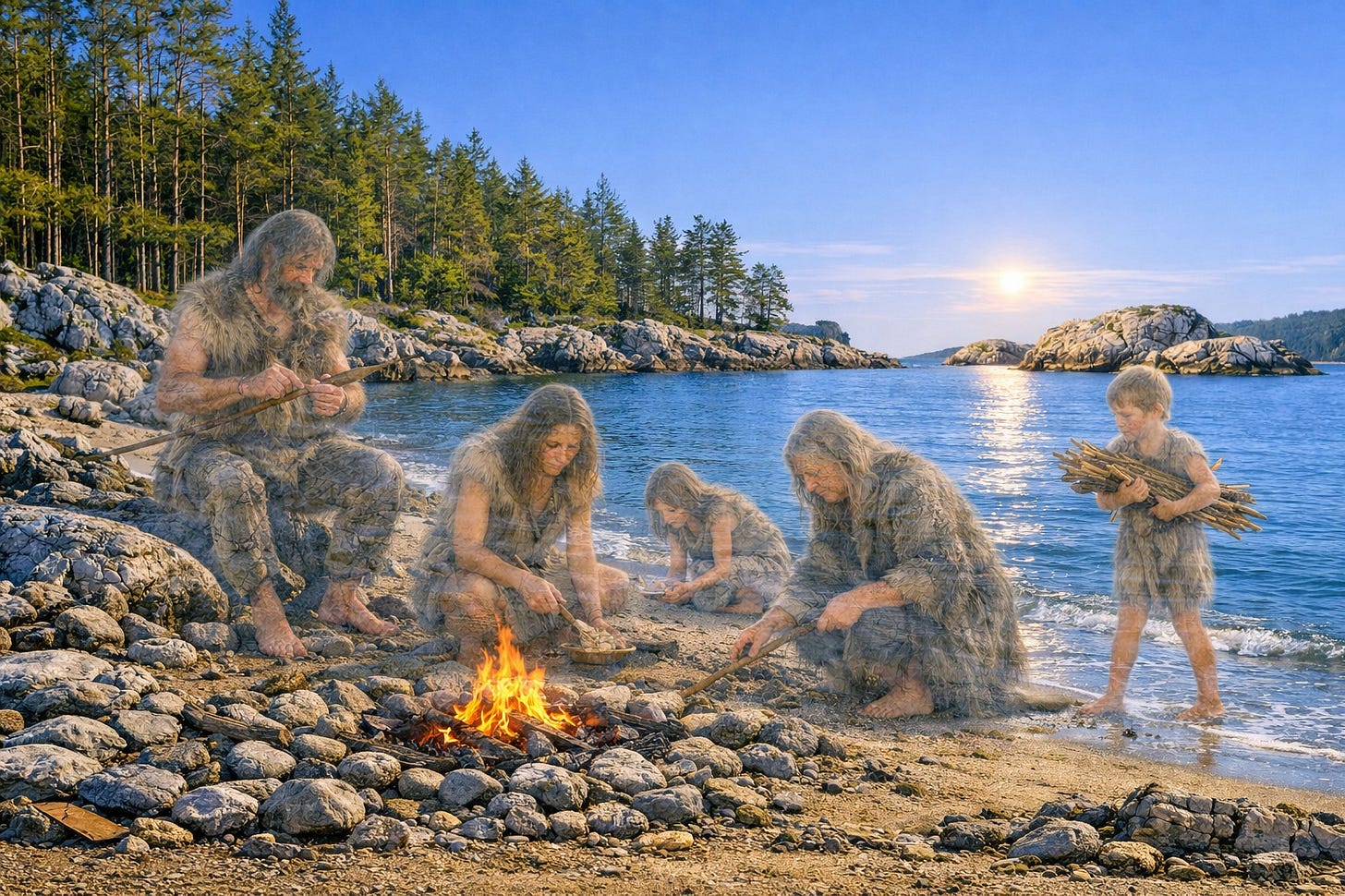 An illustration of the early humans — in our shared landscape. | Sagahuus Press — created with Microsoft 365 Premium Copilot. All rights reserved. An illustration of the early humans — in our shared landscape. | Sagahuus Press — created with Microsoft 365 Premium Copilot. All rights reserved.