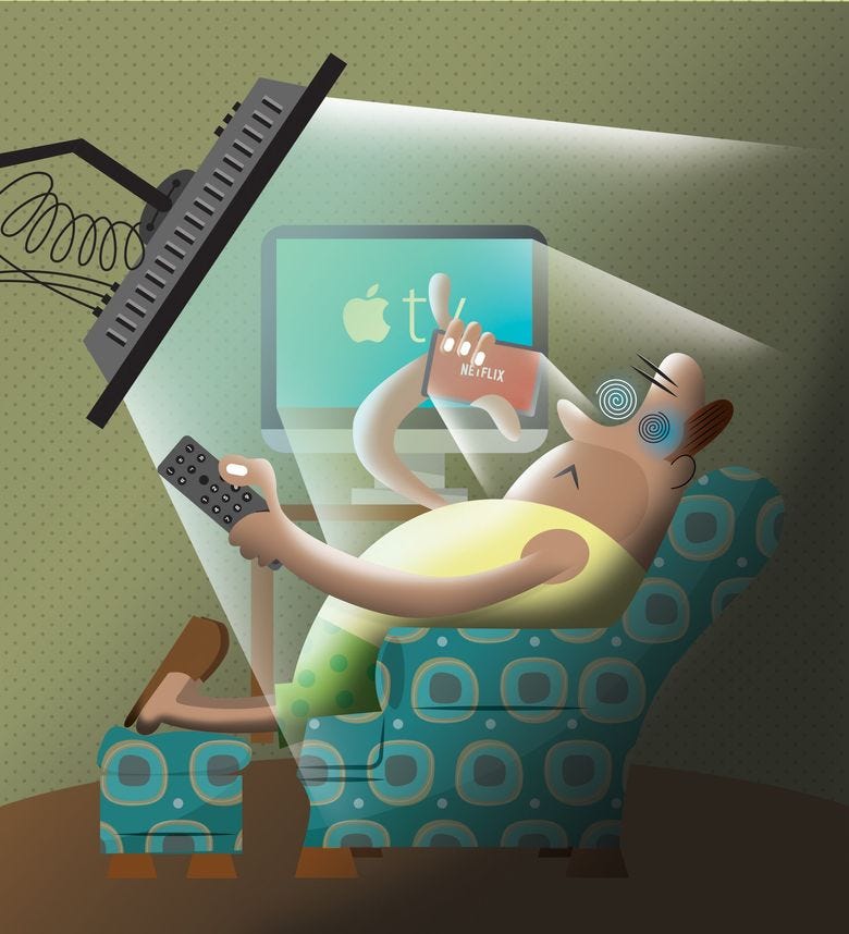 With all the viewing options today, some TV watchers regard this as the golden age of television. For Ron Judd, it’s more like the decline of American civilization. (Photo illustration by David Miller / The Seattle Times)