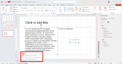 Screenshot of PowerPoint showing the location of an icon (two vertical arrows surrounding two horizonal lines) in the lower left hand corner of a selected text box.