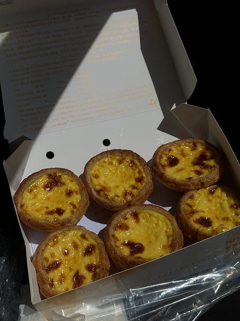 left: dim sum at East Harbor Seafood Palace; middle: matcha coconut blue and kale tea from HEYTEA; right: Portuguese egg tarts from Xin Fa Bakery - Chinatown, Brooklyn