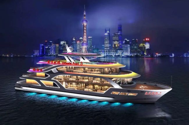 Dessin d'un paquebot, comment dire ? À la fois joli et de très mauvais goût, aérodynamique mais plein de couleurs moches