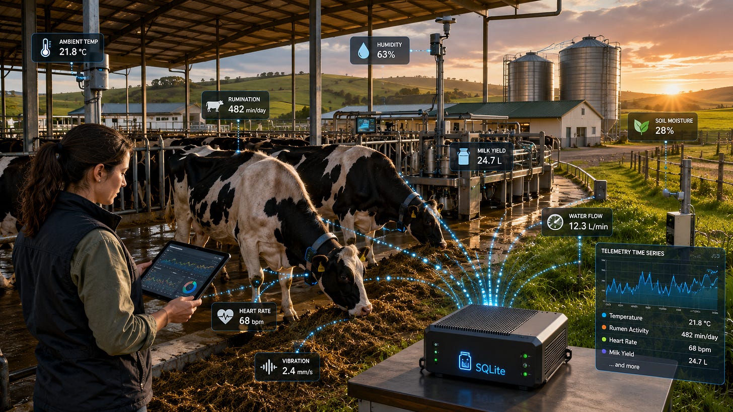 Smart dairy farm collecting IoT sensor telemetry for local SQLite time-series storage. Smart dairy farm collecting IoT sensor telemetry for local SQLite time-series storage.