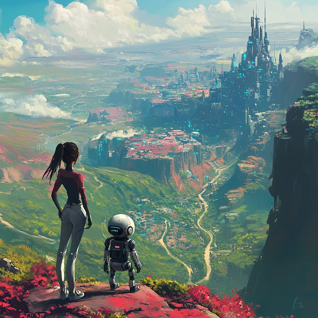  A young woman and a cute robot are standing on a cliff. Below them, they can see a large and lush valley. In the valley, they can see multiple futuristic cities.