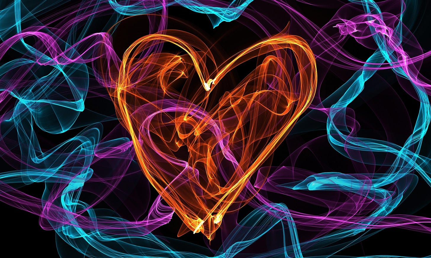 An abstract gold heart scribbled on a dark background with purple and turquoise squiggles 