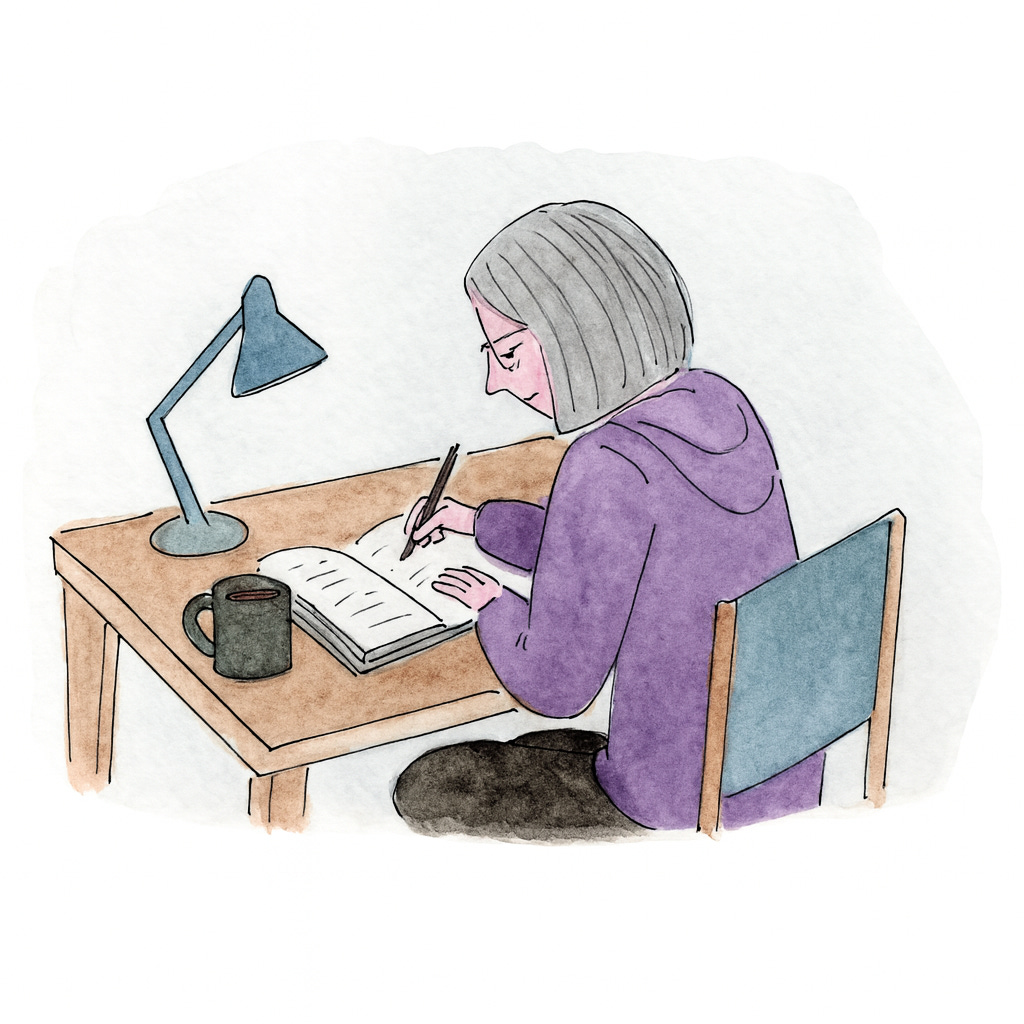 A hand-drawn illustration of a woman sitting at a desk under a lamp, writing in a journal with a mug beside her.