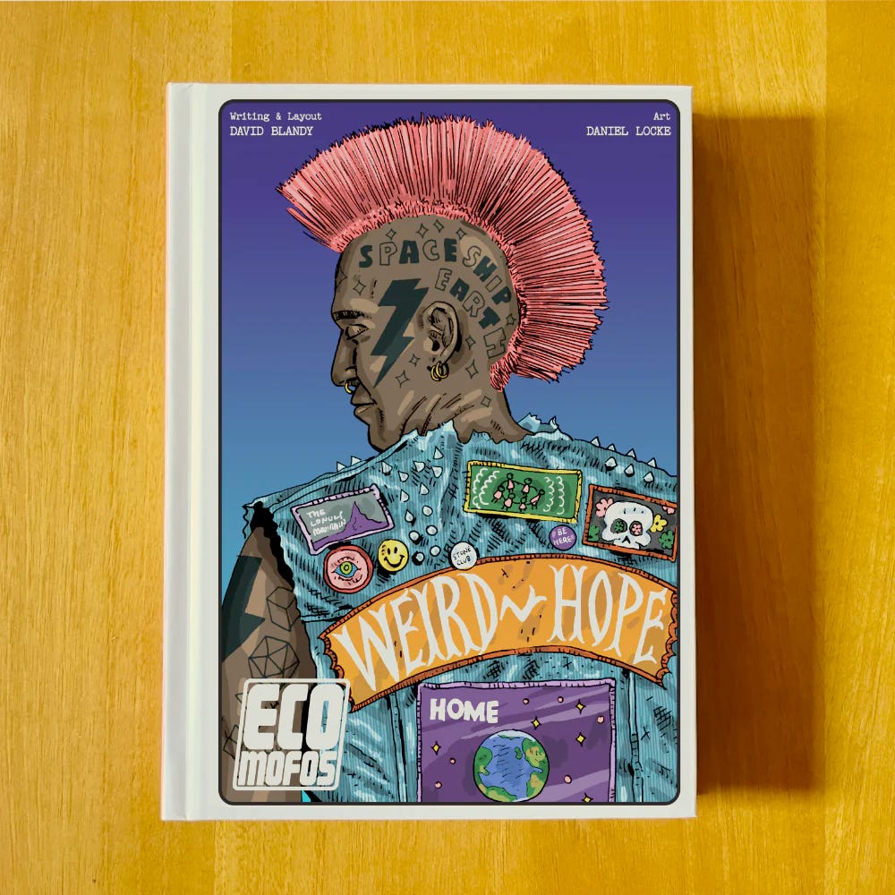 The hardcover edition of Eco Mofos, featuring a person with a mohawk and a denim vest covered in patches, pins, and spikes.