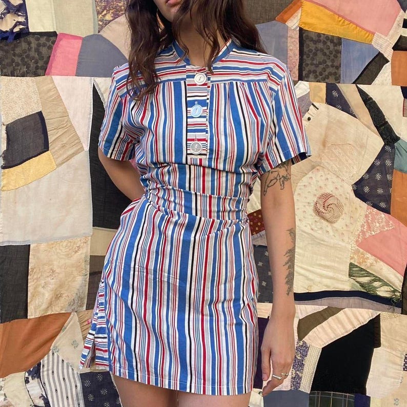 1930s cotton blue, white, red and black striped shift smock dress image 1