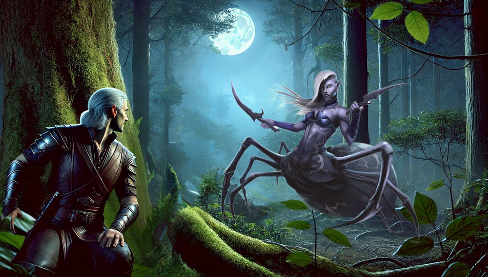 “A silver-haired ranger crouches behind a mossy tree, facing a seductive drider—half woman, half spider—under a full moon in a mist-shrouded forest.”