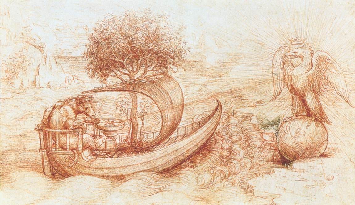 A wolf steering a boat by compass toward an eagle on a globe