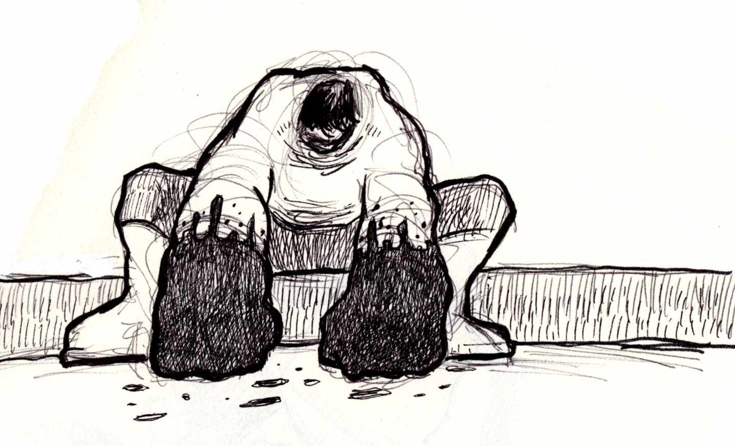 Ink sketch of someone sitting on the sidewalk exhausted.