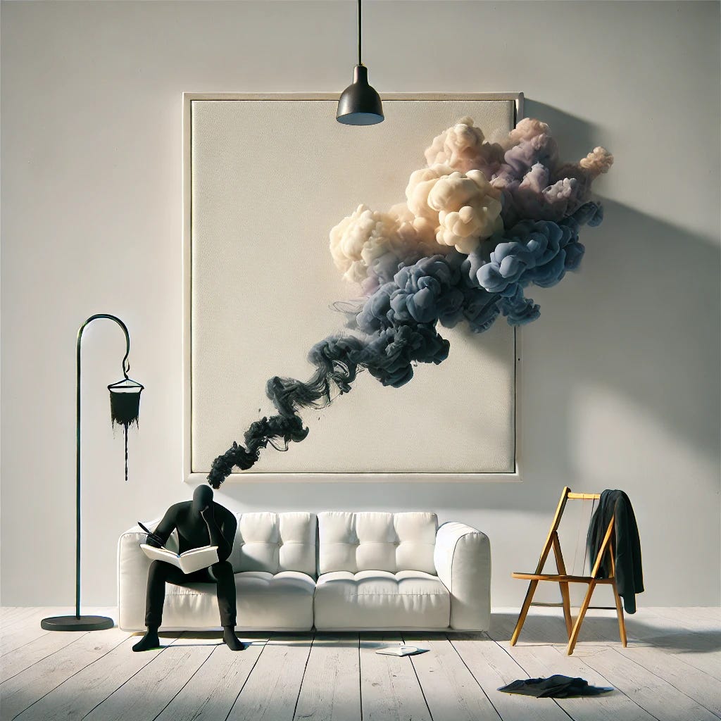 A minimalist surreal illustration for an essay cover on absurdity and introspection. The scene features a blank white wall with a small hook where a painting once hung, symbolizing absence. In the foreground, a man sits on a large sofa, holding a notebook, with ink spilling from it and morphing into abstract cloud-like shapes. To the side, a simple chair holds haphazardly draped clothes, adding a mundane touch. The lighting is soft and muted, creating a quiet and reflective atmosphere with subtle textures on the wall and floor. A minimalist surreal illustration for an essay cover on absurdity and introspection. The scene features a blank white wall with a small hook where a painting once hung, symbolizing absence. In the foreground, a man sits on a large sofa, holding a notebook, with ink spilling from it and morphing into abstract cloud-like shapes. To the side, a simple chair holds haphazardly draped clothes, adding a mundane touch. The lighting is soft and muted, creating a quiet and reflective atmosphere with subtle textures on the wall and floor.