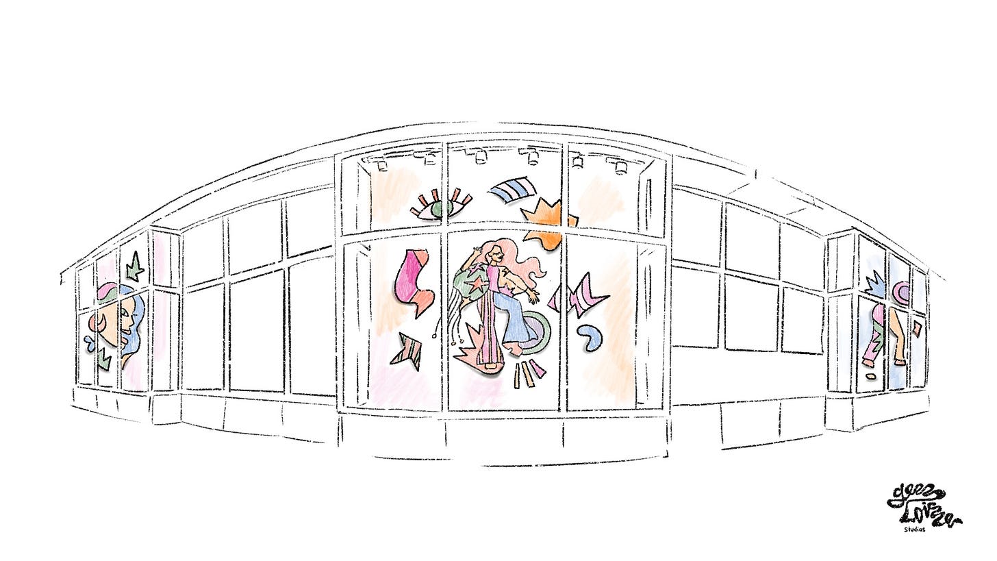 a black and white sketch of three large exterior windows on a building, inside are abstracted shapes representing music, dance and people