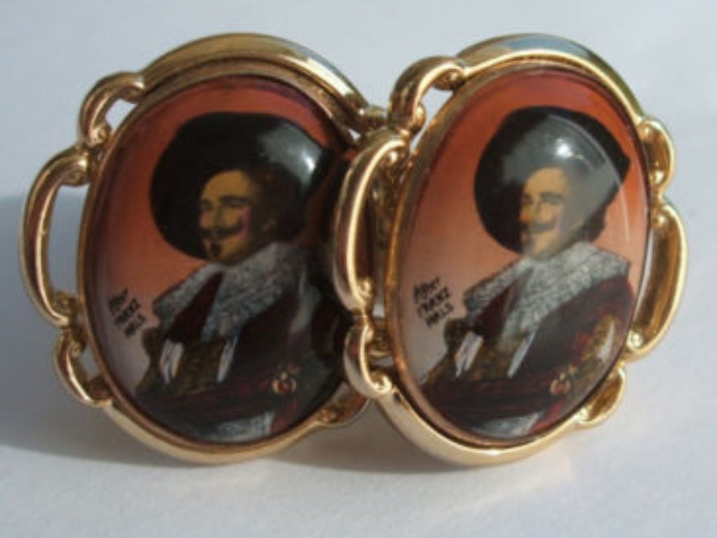 The image of The Laughing Cavalier on a pair of oval cufflinks, because sure why not?