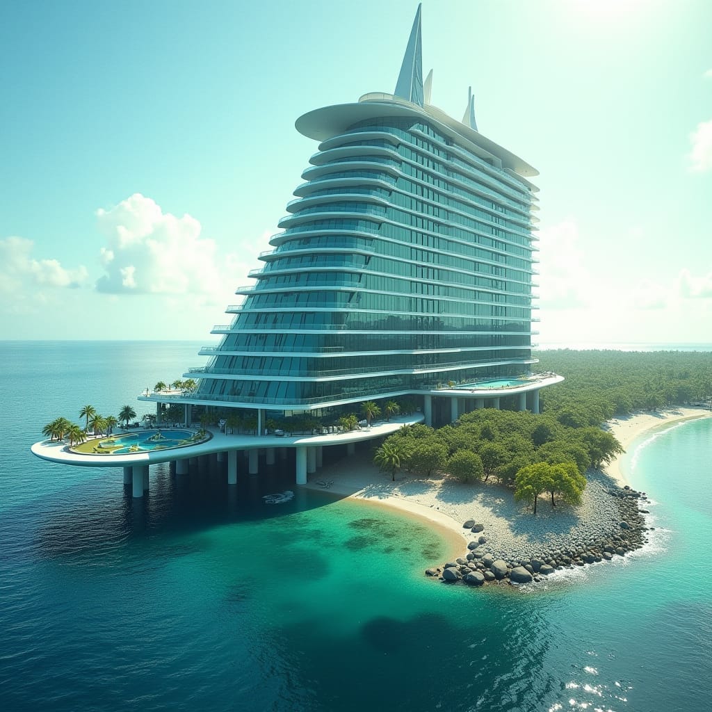 A sleek, pyramid modern 20-story glass hotel stands prominently on Caribbean beechline, its Protruding windows, multiple swimming suspending above ground and on the ground merging into sea. platforms