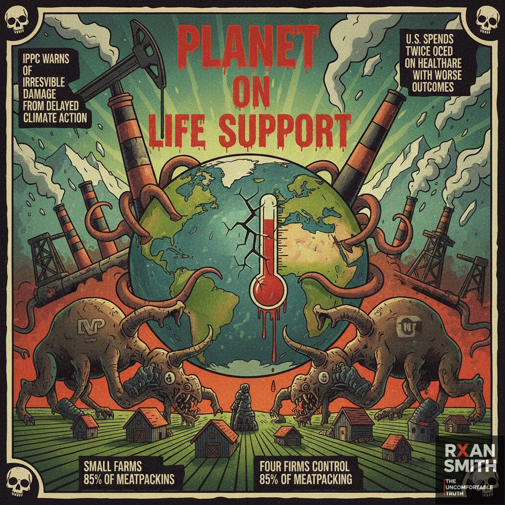 An infographic with an uncomfortable, dystopian feel portraying fossil fuel giants choking the planet, styled like a horror movie poster. Include alarming stats: ‘IPCC warns of irreversible damage from delayed climate action’ as melting ice caps, ‘U.S. spends twice OECD average on healthcare with worse outcomes’ in a broken thermometer graphic, and ‘Four firms control 85% of meatpacking’ as monopolistic beasts devouring small farms. Harsh colors and exaggerated distortions to make the viewer confront the harsh realities head-on.