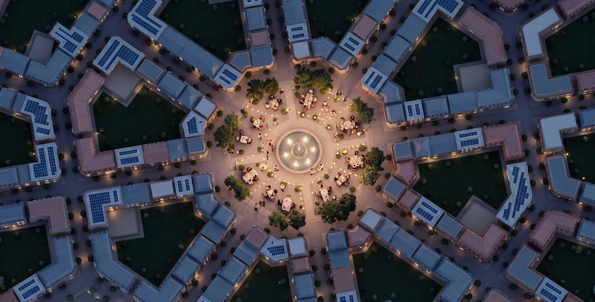 Conceptual overhead night view of a courtyard neighborhood piazza with a fountain, string lights, cafe tables and surrounding buildings.