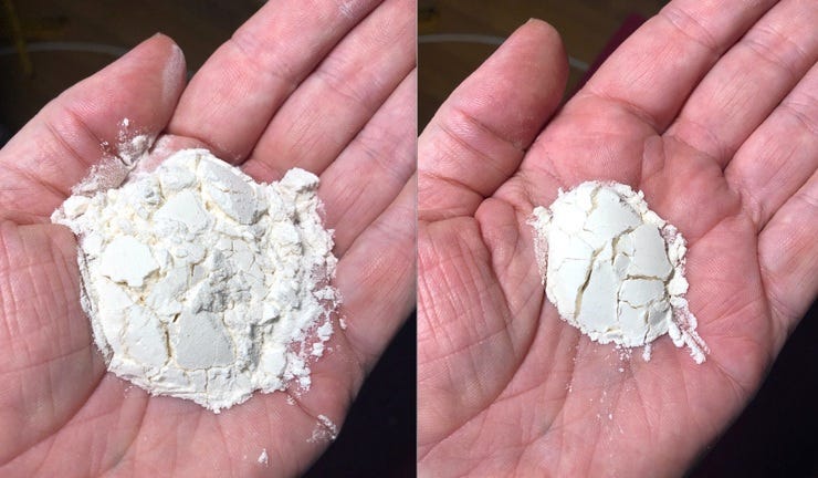 A tablespoon and teaspoon of flour in the palm of my hand.