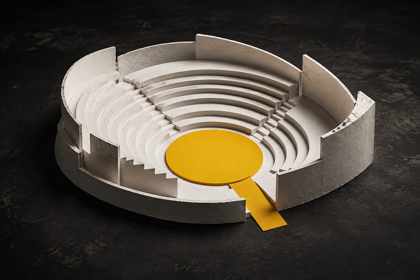 A white miniature amphitheatre gathers around a yellow stage and an open yellow walkway.