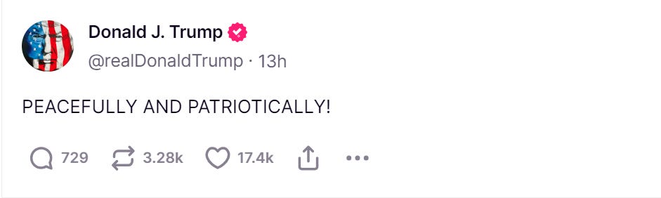 Trump tweet: PEACEFULLY AND PATRIOTICALLY! Trump tweet: PEACEFULLY AND PATRIOTICALLY!