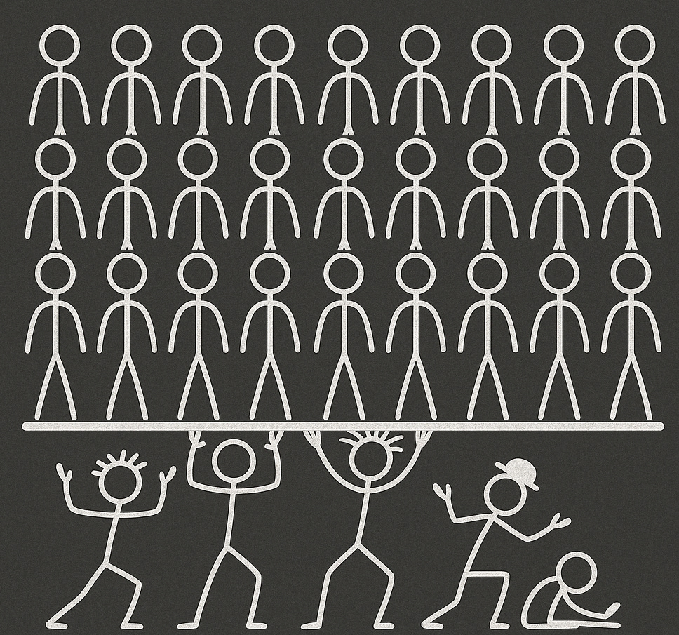Stick-figure illustration of the phrase ‘lowest common denominator.’ Above a heavy fraction bar, rows of identical stick figures stand in uniform lines. Below the bar, quirky stick figures with different poses, hair, and hats strain upward, trying to hold the bar back, with one figure already collapsing under the weight.