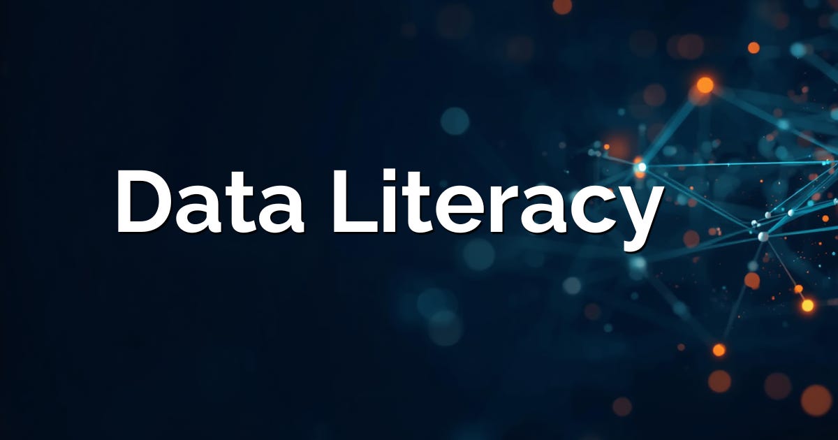 A featured image displaying "Data Literacy" in bold white text over a dark blue abstract background of glowing nodes and interconnected lines, symbolizing big data, analytics, and digital transformation concepts essential for modern data literacy skills.