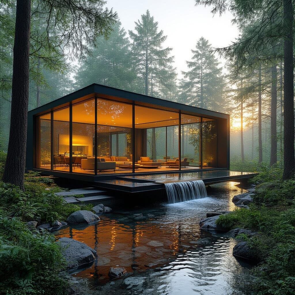 A stunningly beautiful photographic masterpiece of a modern, minimalist glass house nestled in a lush, green forest at s...