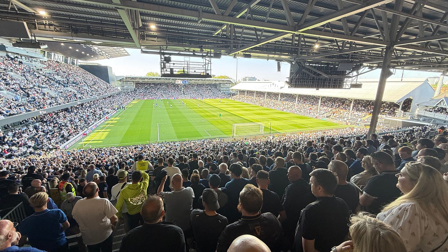 Craven Cottage from the away end. The Riverside Stand is on the left, blocking the view of the Tham