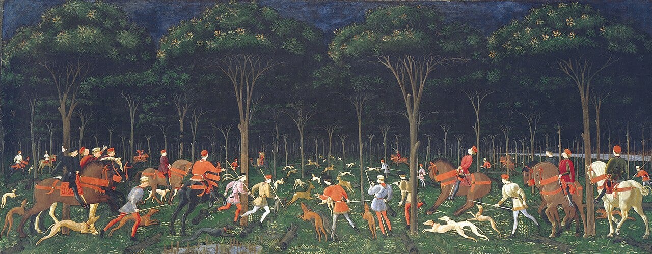Uccello's nighttime forest hunt with riders, dogs and deer racing into the dark Uccello's nighttime forest hunt with riders, dogs and deer racing into the dark