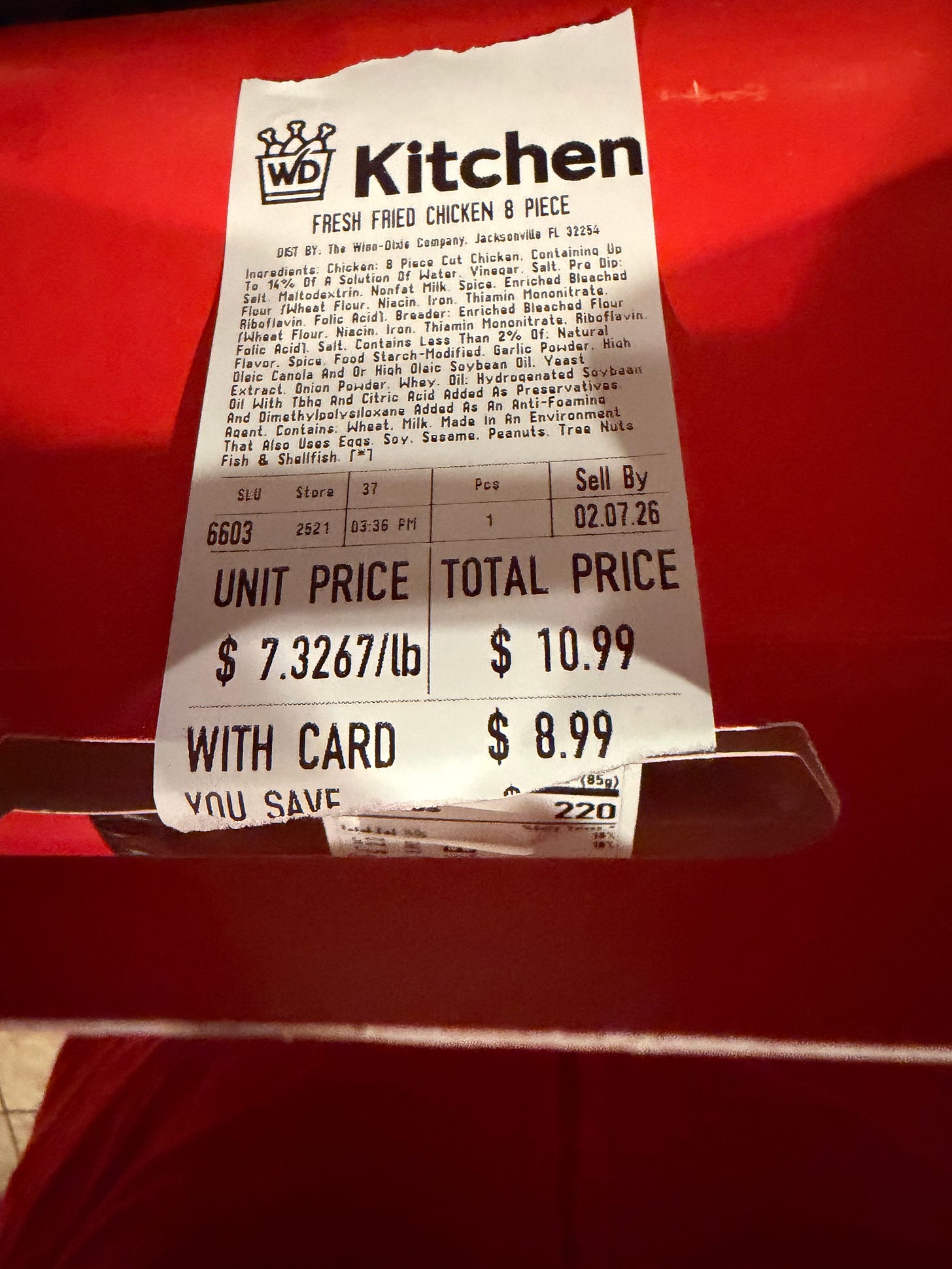 Photo of a label from some grocery store fried chicken. Photo of a label from some grocery store fried chicken.