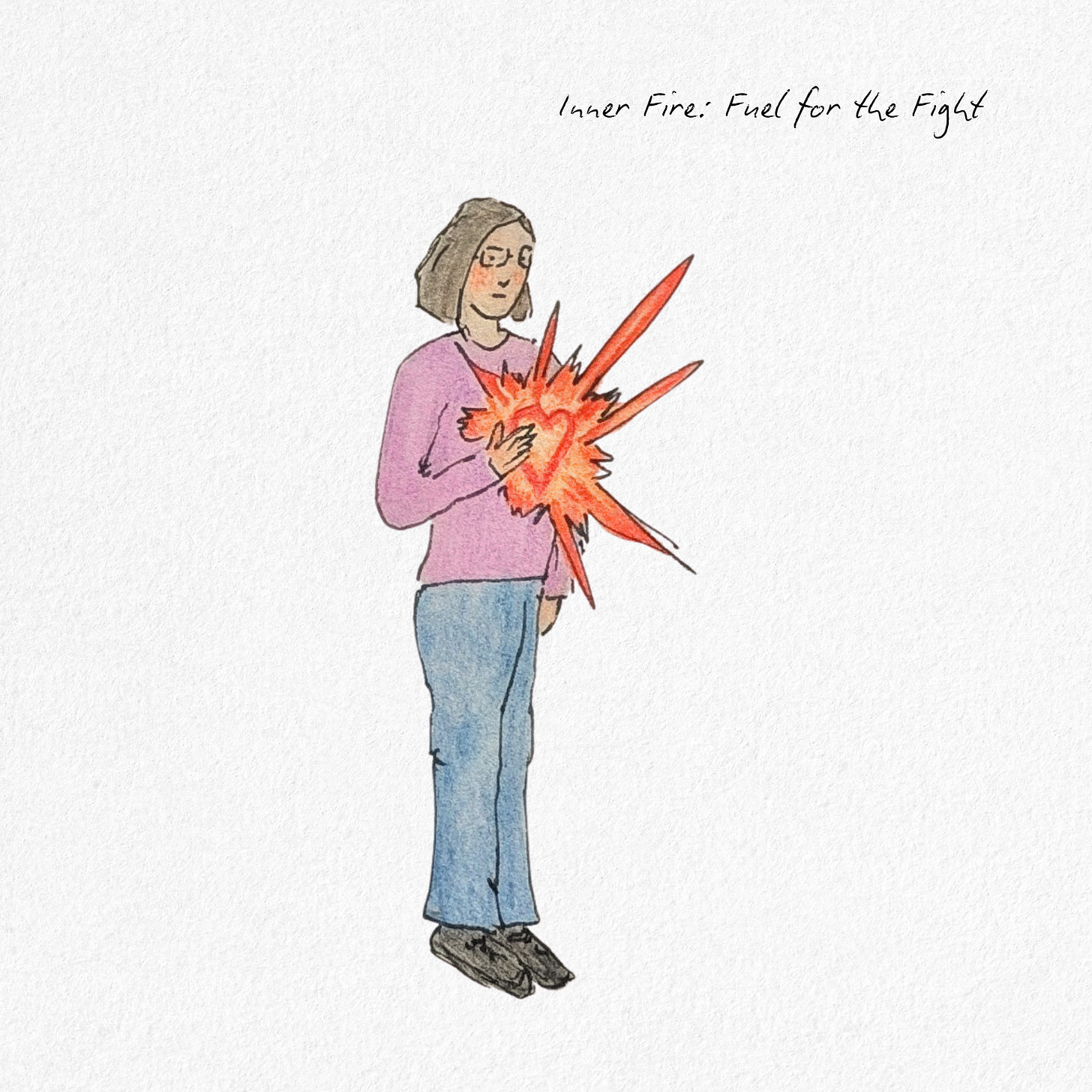 Loose watercolour and ink drawing of a woman in glasses, jeans and a pink jumper holding her heart as fiery red-orange energy bursts outward, representing inner strength and anger turned to purpose. Loose watercolour and ink drawing of a woman in glasses, jeans and a pink jumper holding her heart as fiery red-orange energy bursts outward, representing inner strength and anger turned to purpose.